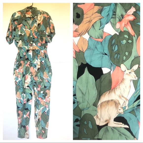 Vintage Pants - Vintage Short Sleeve Jumpsuit Botanical Kangaroo
